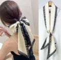 Chic long silk scarf ribbon for women, versatile hair tie and neck accessory with print. - Small Flowers and English Letters - Black Edge White Base