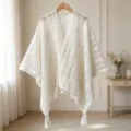 Retro resort style hollow knitted tassel cardigan shawl, elegant white sun protection outer wear. - White