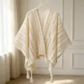 Beige hollow knit fringe cardigan shawl, retro resort style sun protection cape outerwear. - Apricot