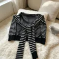 Black and white striped knit shawl cardigan, casual chic long tie wrap for women spring summer. - Black Stripe