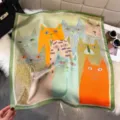 Silk square scarf, colorful artistic cat oil painting print, vibrant green border neckerchief style. - Matcha Green