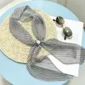 French style black and white striped silk scarf with elegant pearl buckle for hair or bag decor. - White Striped Pearl