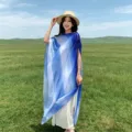 New Chinese style gradient shawl women sun protection silk scarf beach towel versatile photo - Blue