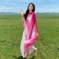 Chinese style gradient color silk shawl sunscreen scarf for women beach travel outfits. - Pink