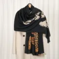 Fashion leopard print winter scarf for women, warm soft shawl and cozy casual neck wrap accessory. - Black