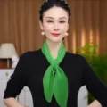 Green pleated skinny scarf for women, lightweight spring summer ribbon neckerchief accessory. - Green