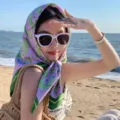 Floral square silk scarf for women, vintage style lightweight headscarf for travel beach. - Grid Camellia-Green Purple