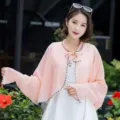 Pink sun protection shawl for women, lightweight summer long sleeve cape with plaid trim. - Tops / Pink
