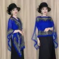 Summer printed chiffon shawl beach scarf sun protection elegant cape blue floral wrap for women - Navy Blue Paisley Shawl