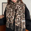Women Autumn Winter Leopard Print Fringe Scarf Thickened Warm Retro Shawl Fashion Wrap - Light Khaki Leopard