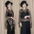Elegant black chiffon shawl with vintage print, versatile summer sun protection cape for travel. - Black Paisley Shawl