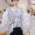 Summer lightweight sun protection shawl white floral chiffon cape elegant beach cover up cardigan - Black Porcelain Chiffon