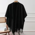 Chal capa de punto con flecos negro para mujer, cárdigan de abrigo otoño invierno liso. - 110*170cm / Negro