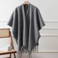 Women's solid color fringe knit cape shawl grey autumn winter cozy casual wrap poncho cardigan - 110*170cm / Gray