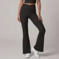 Black high waist crossover flare yoga pants for women, stretch fitness workout trousers. - S / Bottoms / Black