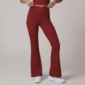 Red crossover high-waisted flared yoga pants for women, stretchy fitness and pilates trousers. - S / Bottoms / Burgundy