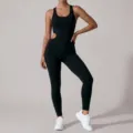 Women's black one-piece yoga jumpsuit, sleeveless cutout athletic romper for fitness and gym. - S / Set / Black