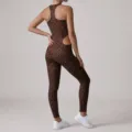 Leopard print yoga jumpsuit for women, athletic fitness activewear with cutout waist and high stretch. - S / Set / Brown Red