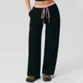 Dames hoge taille wijde casual zwarte broek met roze gestippelde tailleband en koord - S / Bottoms / Zwart