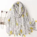 Elegant grey floral print women's shawl scarf with yellow tassels for daily wear and travel. - Fresh Series 13