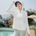 Donna giacca protezione solare bianca con cappuccio outdoor anti-uv leggera sportiva top - Bianco UPF50 Plus