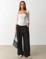 Set van kanten corset top met lange mouwen en zwarte broek voor dames dagelijkse mode. - S / Top (FF220523) / Wit