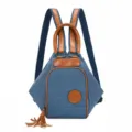 Zaino da donna alla moda in tela blu con finiture in pelle marrone e borsa a tracolla pratica - 16x22x25cm / Blu