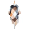 Winter plaid tassel poncho cape, cozy knitted cloak for women, casual oversized wrap. - Black & White Plaid (QPJ2-02)