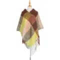 Women's Autumn Winter Thickened Boucle Plaid Tassel Pullover Poncho Cape Shawl Warm - Green & Brown Plaid (QPJ2-03)