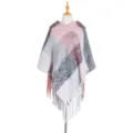 Women cozy autumn winter thick fringe plaid pullover poncho cape stylish warm outerwear. - Pink & Grey Plaid (QPJ2-07)