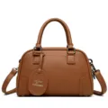 Brown leather Boston handbag for women, stylish shoulder bag with top handle and strap. - Brown