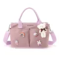 Purple canvas diaper bag with cute bear pendant, large capacity mom travel tote and shoulder bag. - Purple + Pendant Badge