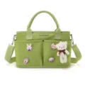 Green canvas diaper bag, large capacity travel tote mom handbag with cute bear pendant and badges. - Green + Pendant Badge