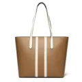 Borsa tote da donna in pelle PU marrone con strisce verticali bianche e spallacci. - 30x11x28cm / Marrone
