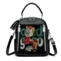 Zaino alla moda in pelle nera con motivo di cartoni animati in strass brillanti e tasche. - 26x12x30cm / Gatto Nero