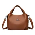 Brown soft leather women handbag, solid color casual shoulder bag and large capacity tote. - Brown