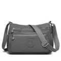 Borsa a tracolla in nylon grigio per donna, design casual multitasche, elegante borsa da giorno. - Grigio scuro