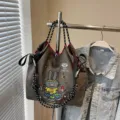 Grande borsa shopper in tela da donna con ricamo di coniglio cartone animato e stile unico. - Grigio