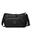 Borsa a tracolla nera in nylon da donna, borsa casual multitasche con scomparti con zip. - Nero