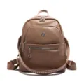Women's casual PU leather backpack large capacity travel commuter daily fashion school bag brown - Khaki