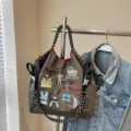 Borsa shopper in nylon con ricami di Parigi, grande borsa a tracolla per donne eleganti. - Grigio