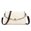 Women's off-white crossbody shoulder bag with print pattern, brown PU leather strap and metal flower clasp. - Light KV with Brown