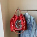 Borsa shopper in tela rossa con ricamo di leone, borsa a tracolla casual capiente. - 40*10*35 / Rosso