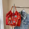 Donne Grande Capacita Nylon Tela Borsa Tote Casual Ricamato Borsa a Tracolla - Rosso