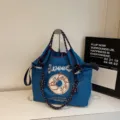 Japanese style embroidered nylon women large tote bag casual minimalist shoulder shopping bag - Dark Blue