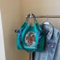 Green canvas tote bag with unique lion embroidery, large capacity shoulder and crossbody bag. - 40*10*35 / Green