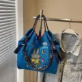 Blue canvas tote bag with cute cartoon rabbit embroidery and thick rope handles for women daily use. - Dark Blue