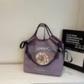 Japanese embroidered nylon women large tote bag casual simple shoulder donut shopping bag - Purple