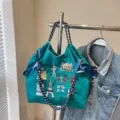 Large capacity nylon embroidered shopping bag stylish Paris theme shoulder tote bag for women. - Green