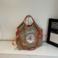 Japanese style nylon women tote bag with embroidery details and orange rope handle for daily use. - Khaki